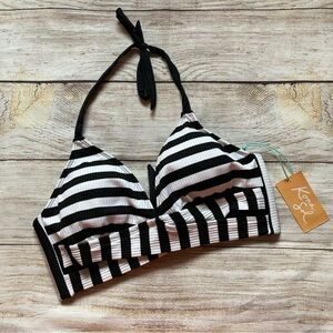 Kona Sol Ribbed Stripe String Bikini Swim Top Women’s NWT Size Small Black White
